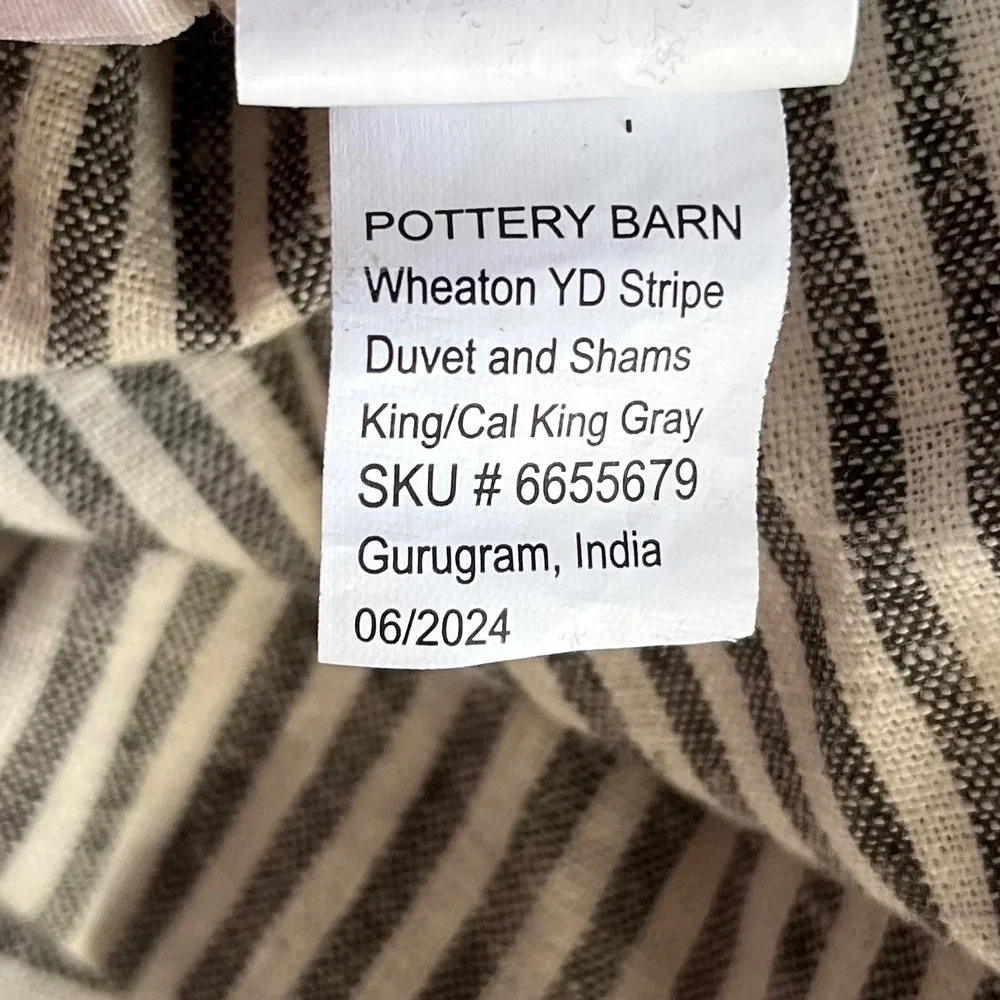 Pottery Barn Wheaton Stripe King Duvet Cover Gray White Linen Cotton Farmhouse
